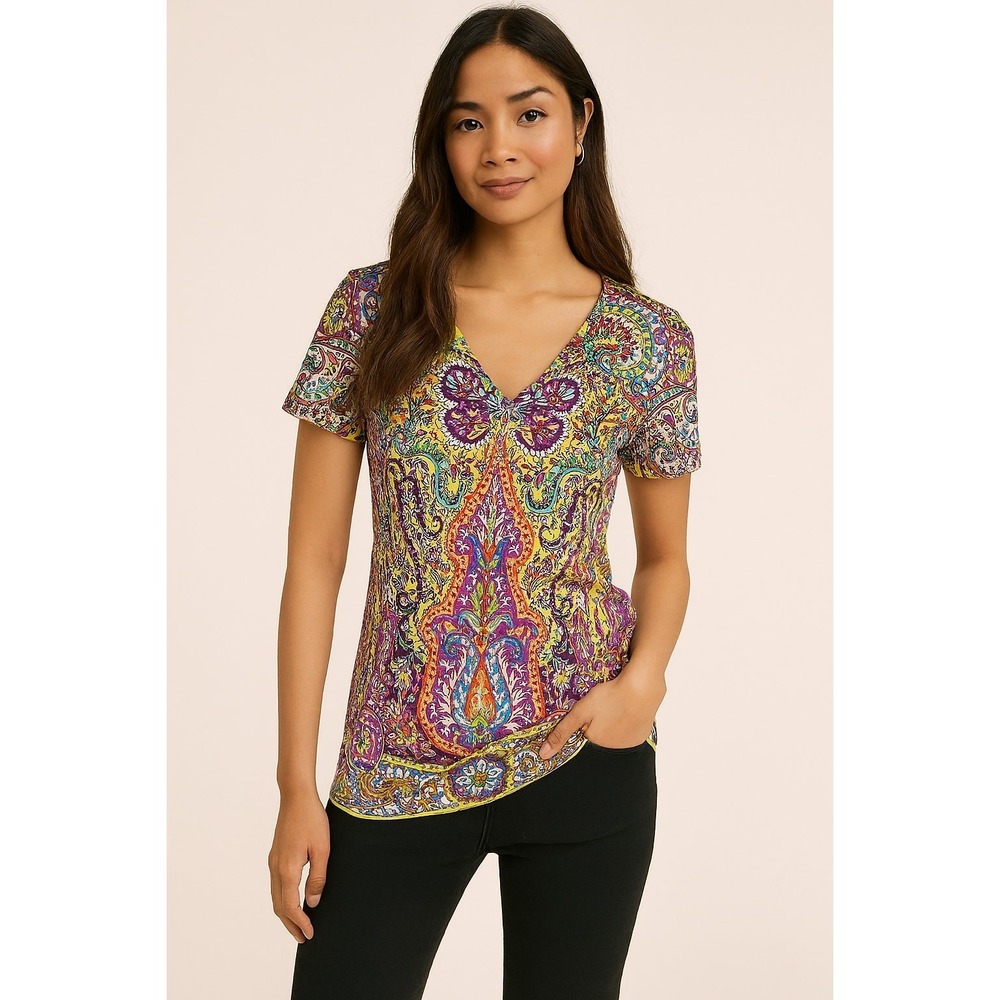 Etro Short-Sleeve Paisley V-Neck Tee Size 38; US XS